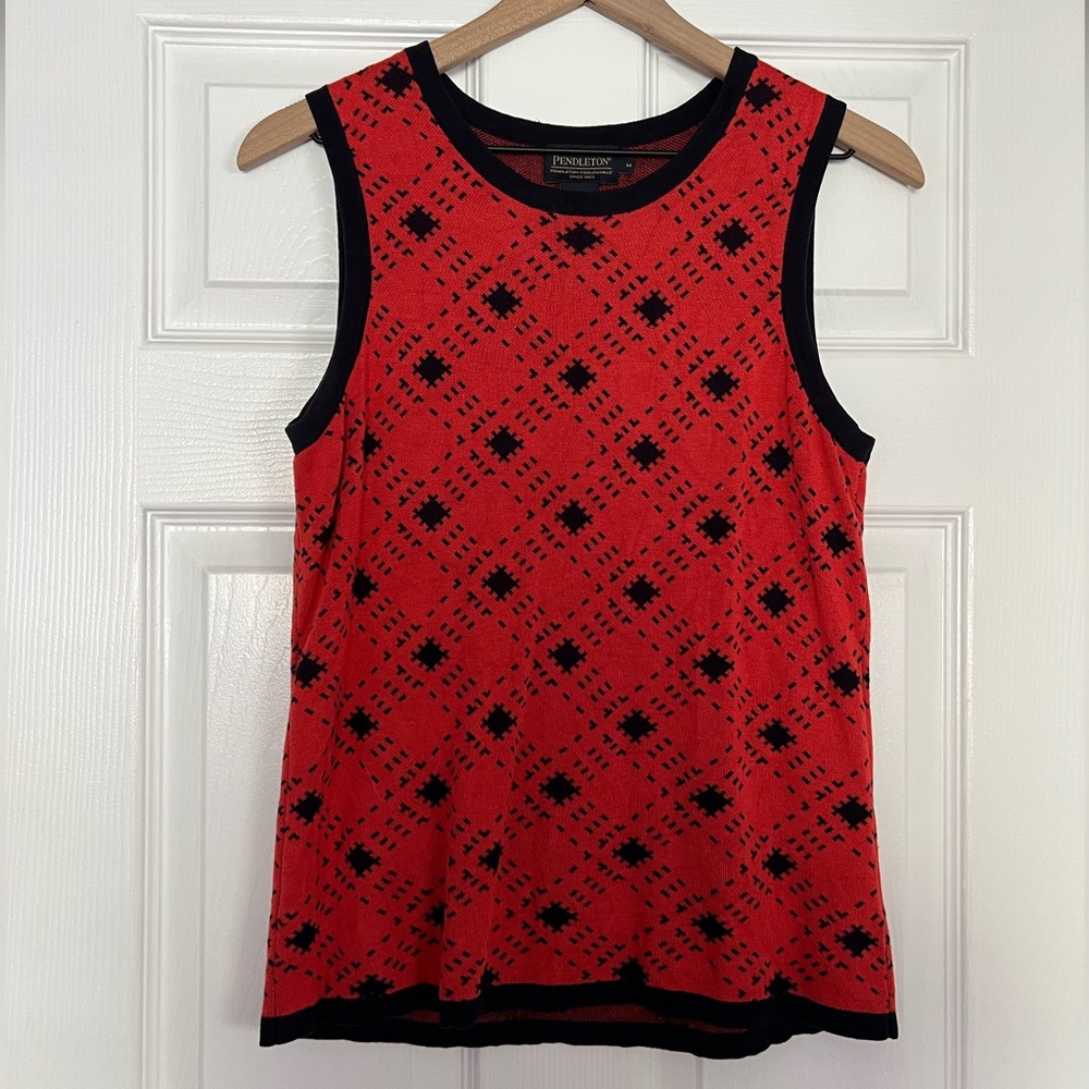 Pendleton Knit, Rust orange Plaid top, Sleeveless Silk Top